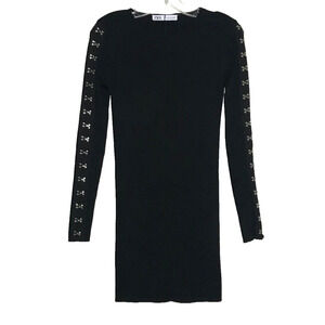 ZARA Black Ribbed Sweater Dress Hook And Eye Clasp Sleeves